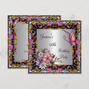 60. Geburtstag Pink Floral Schmetterling Gold Silb Einladung