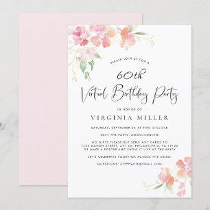 60. Geburtstag Pink Floral Watercolor Virtual Part Einladung