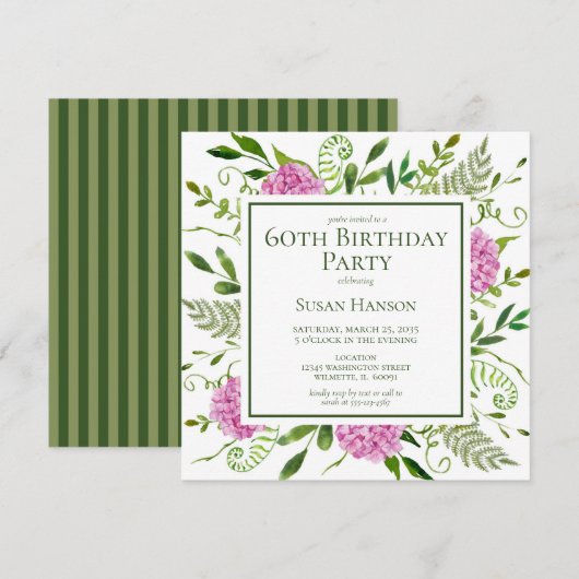 60. Geburtstag Pink Hydrangeas Einladung (Vorne/Hinten)