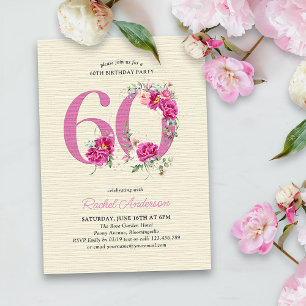 60. Geburtstag Pink Peony Floral Zahl 60 Einladung