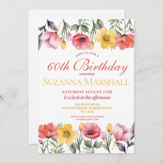 60. Geburtstag Poppy Frühling Blumensommer Einladung (Vorne/Hinten)