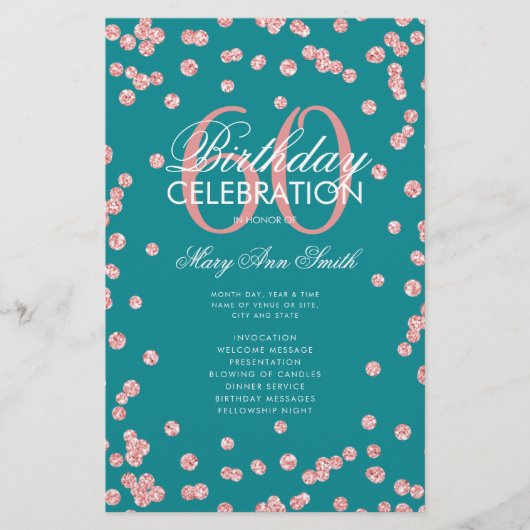 60. Geburtstag Programm Rose Gold Glitzer Menü Aqu (Vorne)