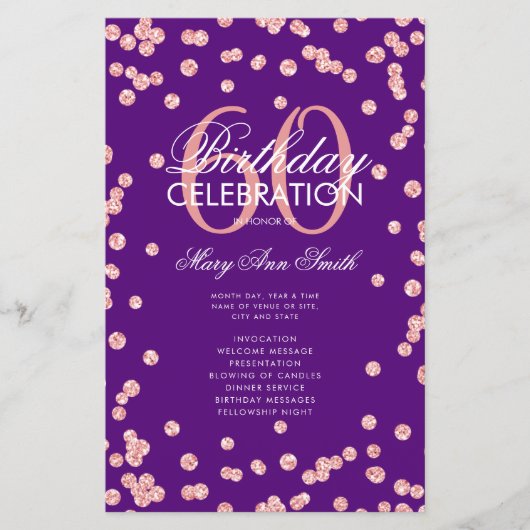 60 Geburtstag Programm Rose Gold Glitzer Menü Lila (Vorderseite)