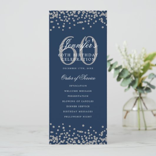 60. Geburtstag Programm Silver Menu Navy Blue Blue (Stehend Vorderseite)