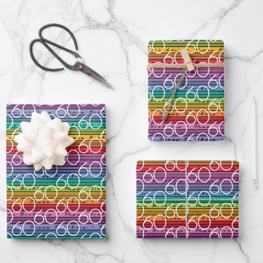 60. Geburtstag Regenbogenstreifen Geschenkpapier Set (Vorderseite)