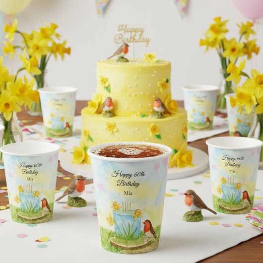 60. Geburtstag Robin mit Osterglocken-Torte Pappbecher