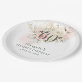 60. Geburtstag Rosa Blumengrün Rosa Blütenrot Pappteller (Schrägansicht)