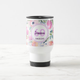 60. Geburtstag Rosa Florale lila Name Reisebecher