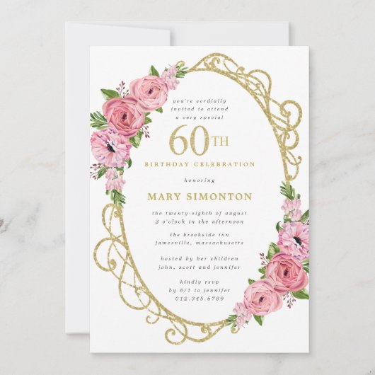 60. Geburtstag Rosa Rose Blumengolden Einladung (Vorderseite)