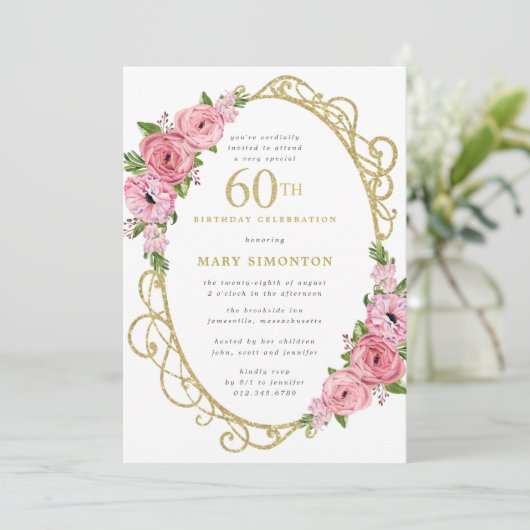 60. Geburtstag Rosa Rose Blumengolden Einladung (Stehend Vorderseite)