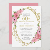 60. Geburtstag Rosa Rose Blumengolden Einladung (Vorne/Hinten)