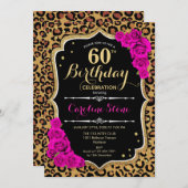 60. Geburtstag - Rosa Rosen Leopard Print Einladung (Vorne/Hinten)