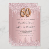 60. Geburtstag rosa staubige Rose Glitzer Luxus Einladung (Vorne/Hinten)