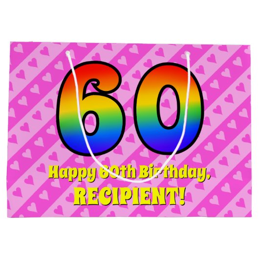 60. Geburtstag: Rosa Streifen & Herz, Regenbogen # Große Geschenktüte (Rückseite)