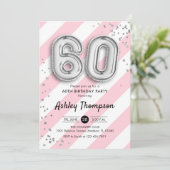 60. Geburtstag - Rosa Streifen und Silberballons Einladung (Stehend Vorderseite)