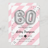 60. Geburtstag - Rosa Streifen und Silberballons Einladung (Vorne/Hinten)