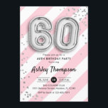 60. Geburtstag - Rosa Streifen und Silberballons Einladung<br><div class="desc">60. Geburtstagsfeier Einladung. Elegantes Design in Imitaten Glitzer Silber mit rosa und weiße Streifen. Einladende Karte mit Silber-Nummer 60 Ballons,  Script-Schriftart mit Konfetti. Ideal für ein stilvolles 60-tägiges Fest. Nachricht,  wenn du ein Alter brauchst.</div>