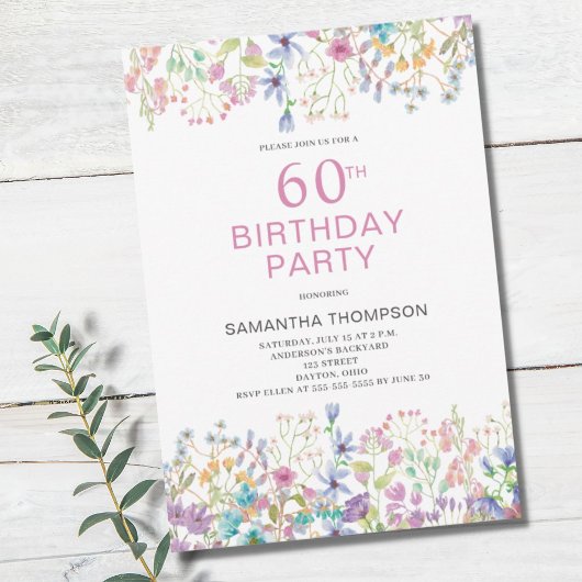 60. Geburtstag Rosa Wildblume Einladung