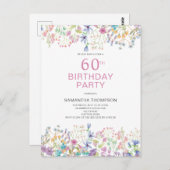 60. Geburtstag Rosa Wildblume Einladung Postkarte (Vorne/Hinten)