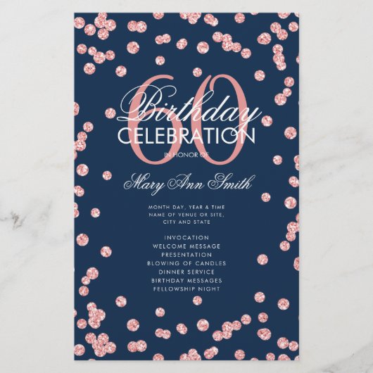 60. Geburtstag Rose Gold Glitzer Menü Navy (Vorne)