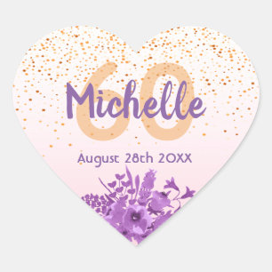 60. Geburtstag Rose Gold lila Blüte Herz-Aufkleber