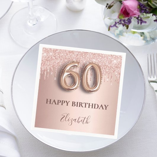 60. Geburtstag Rose Goldblush Glitzer Tropfen Name Serviette