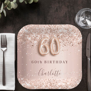 60. Geburtstag Rose Goldblüte Glitzer Name Pappteller
