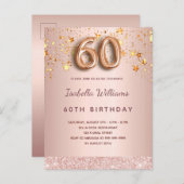 60. Geburtstag Rose goldrosa Sterne Ballonskript Postkarte (Vorne/Hinten)