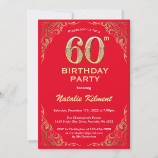 60. Geburtstag Rot und Gold Glitzer Rahmen Einladung
