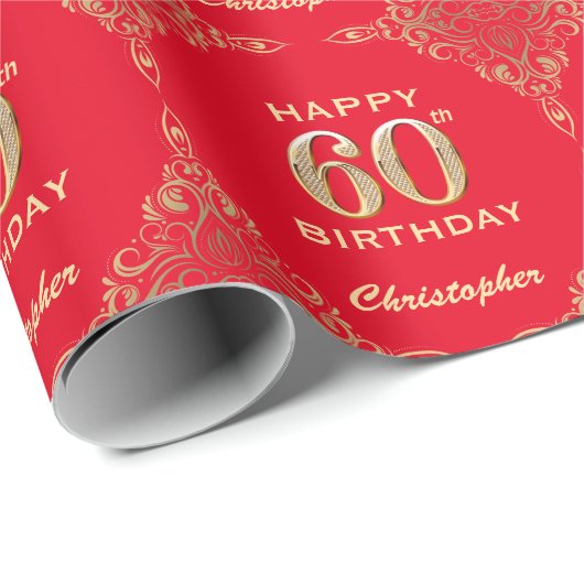60. Geburtstag Rot und Gold Glitzer Rahmen Geschenkpapier (Rolleneckpunkt)