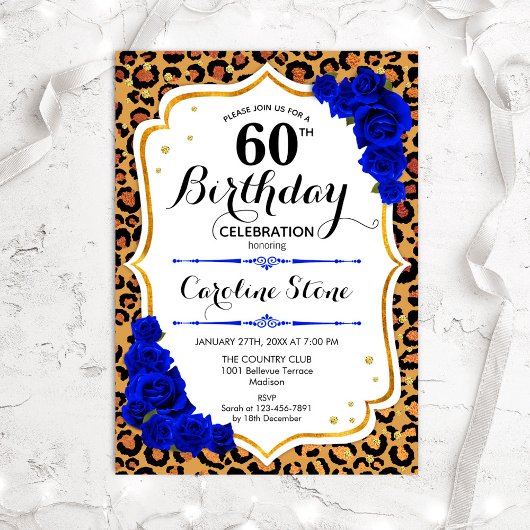 60. Geburtstag - Royal Blue Gold Leopard Print Einladung