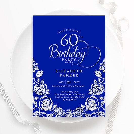 60. Geburtstag Royal Blue Silver Rose Einladung