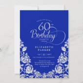 60. Geburtstag Royal Blue Silver Rose Einladung (Vorderseite)