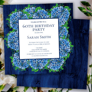 60. Geburtstag Rustic Wood Blue Hydrangeas Party Einladung