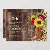 60. Geburtstag Rustikale Stiefel Sonnenblumen Rote Einladung (Vorne/Hinten)