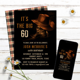 60. Geburtstag Rustikaler Western Cowboy Hut & Sti Einladung