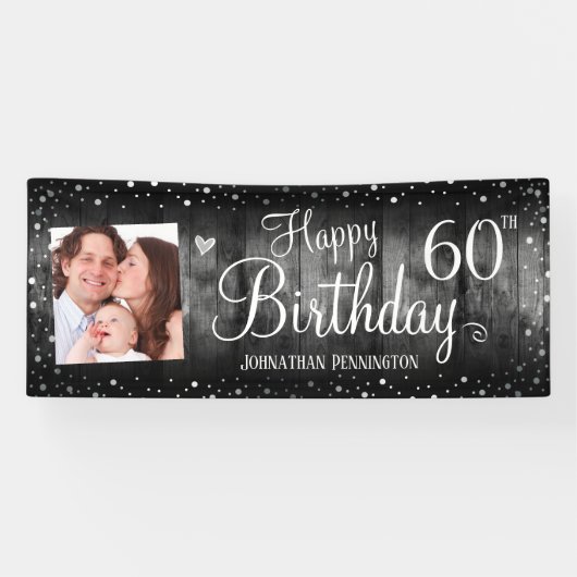 60. Geburtstag Rustikales Holz Foto Silver Confett Banner (Horizontal)