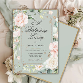 60. Geburtstag Sage Green Gold Aquarell Floral in Einladung
