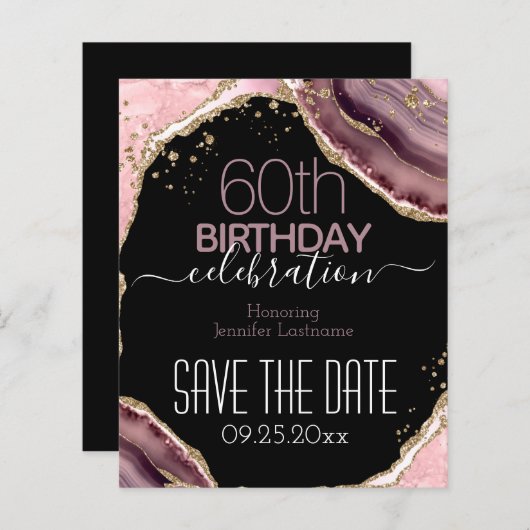 60. Geburtstag Save the Date Pink Agate Budget (Vorne/Hinten)