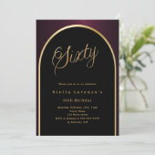 60. Geburtstag schwarz bordeauxrot goldener Bogen  Einladung (Stehend Vorderseite)