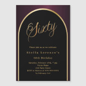 60. Geburtstag schwarz bordeauxrot goldener Bogen Magneteinladung (Vorderseite)