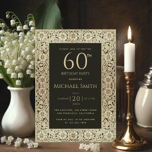 60. Geburtstag Schwarz Gold Blumen Elegant Vintage Einladung