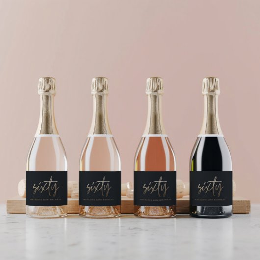 60. Geburtstag Schwarz-Gold-Drehbuch modern minima Schaumweinetikett