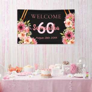 60. Geburtstag schwarz-rosa goldene Blume Banner