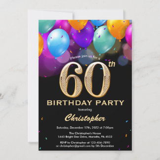 60. Geburtstag Schwarz und Gold farbige Ballons Einladung