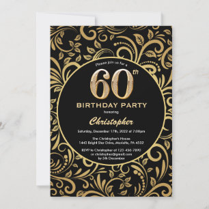 60. Geburtstag Schwarz und Gold Floral Muster Einladung