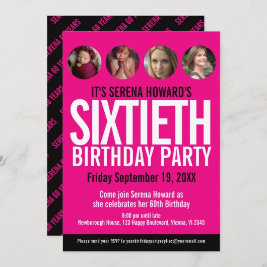 60. Geburtstag Schwarz-weiße rosa Foto Kreise Einladung (Vorne/Hinten)