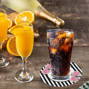 60. Geburtstag Schwarz-weiße Streifen rosa Blumen Runder Pappuntersetzer