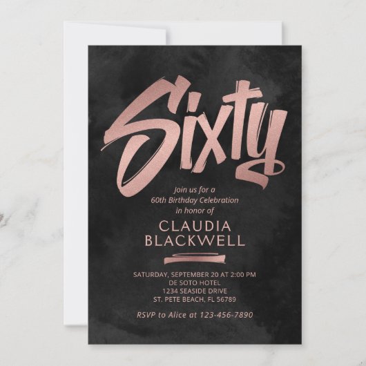 60. Geburtstag Schwarze Rose Gold Einladung (Vorderseite)