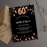 60. Geburtstag schwarze Rose goldene Sterne Einladungspostkarte<br><div class="desc">Ein klassischer schwarzer Hintergrund mit goldenen Sternen aus der Rose. Personalisieren und fügen Sie einen Namen und Party-Details hinzu. Die Zahl wird mit einem Ballonstil-Skript geschrieben.</div>